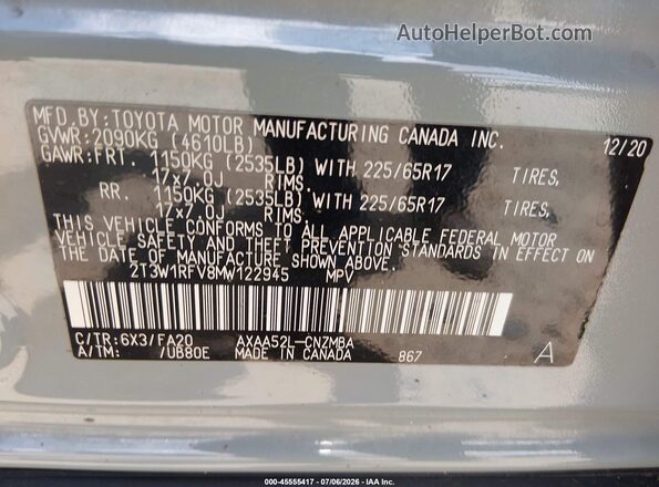 2T3W1RFV8MW122945 2021 TOYOTA RAV4 Gray ძრავის განყოფილების ხედი