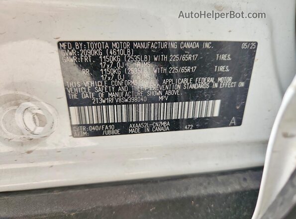 2T3W1RFV8SW398040 2025 TOYOTA RAV4 White Vista del compartimento del motor
