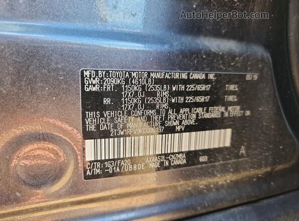 2T3W1RFV9KC006197 2019 TOYOTA RAV4 Gray VIN sticker view