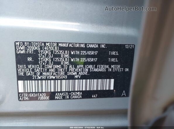 2T3W1RFV9MW185049 2021 TOYOTA RAV4 Gray Widok komory silnika