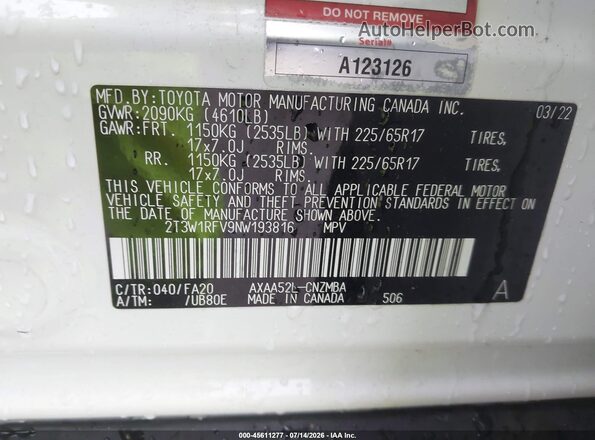 2T3W1RFV9NW193816 2022 TOYOTA RAV4 Белый Вид подкапотного пространства