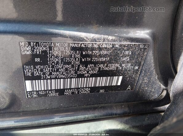 2T3W1RFV9NW235403 2022 TOYOTA RAV4 Gray Շարժիչի բաժամունքի տեսք