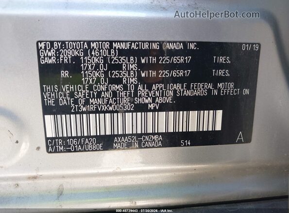 2T3W1RFVXKW005302 2019 TOYOTA RAV4 Silver Շարժիչի բաժամունքի տեսք