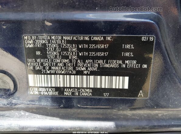 2T3W1RFVXKW011438 2019 TOYOTA RAV4 Dark Blue ძრავის განყოფილების ხედი