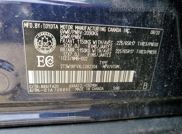 2T3W1RFVXLC082304 2020 TOYOTA RAV4 Blue Вид наклейки з VIN-кодом