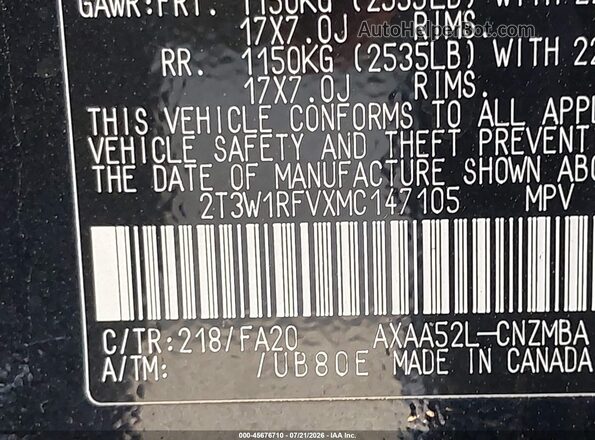 2T3W1RFVXMC147105 2021 TOYOTA RAV4 Black ძრავის განყოფილების ხედი