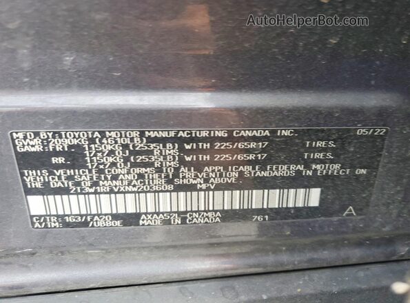 2T3W1RFVXNW203608 2022 TOYOTA RAV4 Gray Vista de la etiqueta del VIN