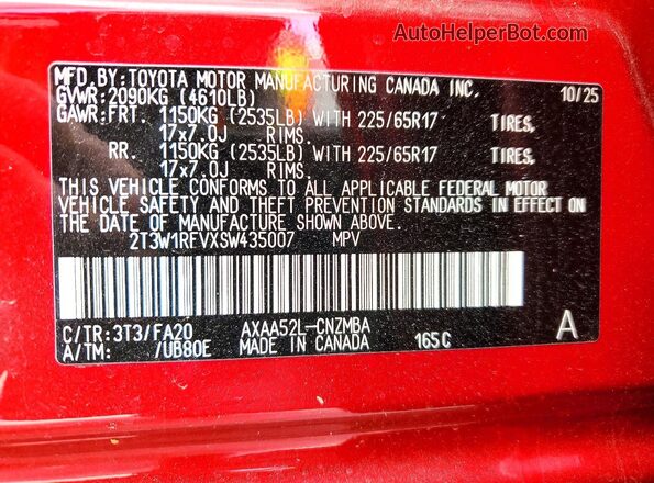 2T3W1RFVXSW435007 2025 TOYOTA RAV4 Red VIN կոդի պիտակի տեսք
