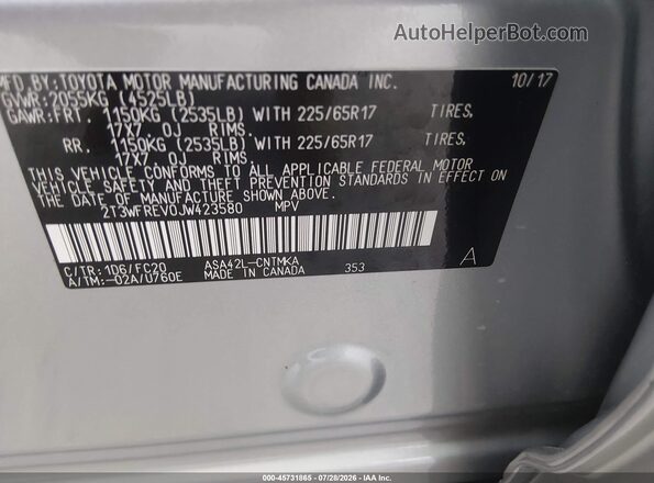 2T3WFREV0JW423580 2018 TOYOTA RAV4 Silver Engine compartment view