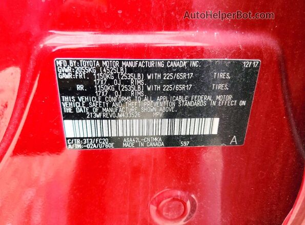 2T3WFREV0JW433526 2018 TOYOTA RAV4 Red VIN კოდის სტიკერის ხედი