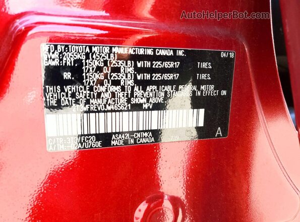 2T3WFREV0JW465621 2018 TOYOTA RAV4 Red VIN კოდის სტიკერის ხედი