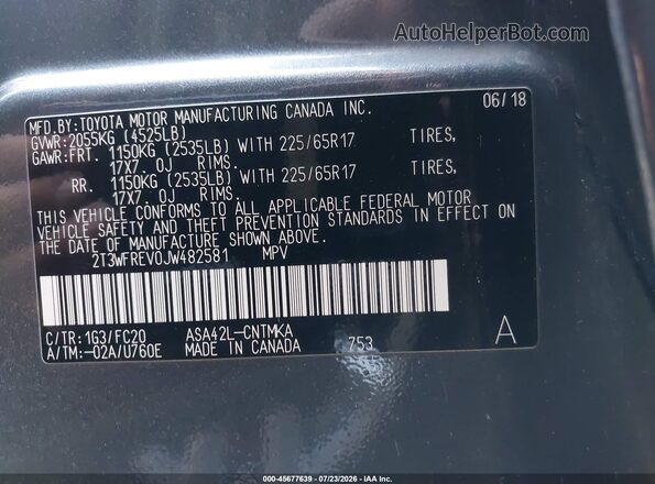 2T3WFREV0JW482581 2018 TOYOTA RAV4 Серый Вид подкапотного пространства