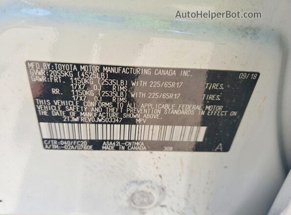 2T3WFREV0JW503347 2018 TOYOTA RAV4 White Вид наклейки з VIN-кодом