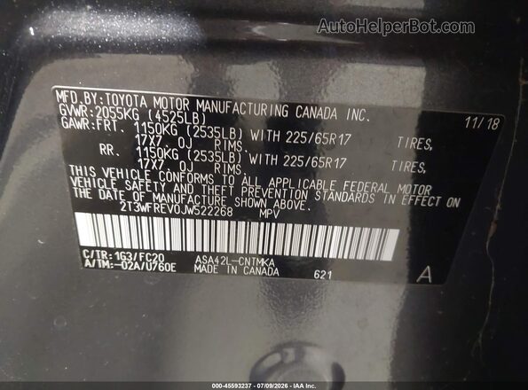 2T3WFREV0JW522268 2018 TOYOTA RAV4 Gray Widok komory silnika