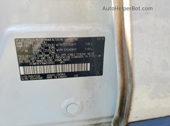 2T3WFREV1GW270491 2016 TOYOTA RAV4 White Widok naklejki z numerem VIN