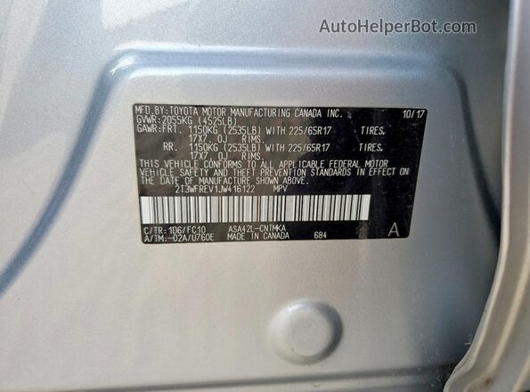2T3WFREV1JW416122 2018 TOYOTA RAV4 Silver VIN კოდის სტიკერის ხედი