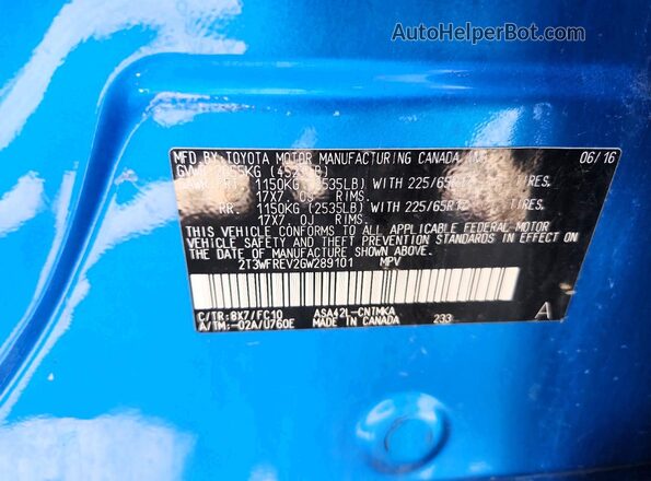 2T3WFREV2GW289101 2016 TOYOTA RAV4 Blue Vista de la etiqueta del VIN