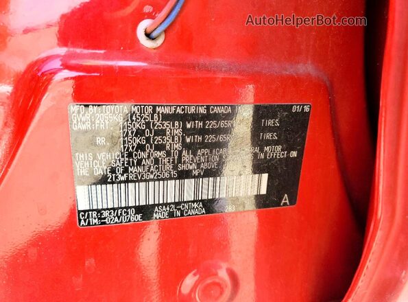 2T3WFREV3GW250615 2016 TOYOTA RAV4 Red Vista de la etiqueta del VIN