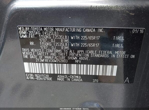 2T3WFREV3GW252803 2016 TOYOTA RAV4 Gray Շարժիչի բաժամունքի տեսք