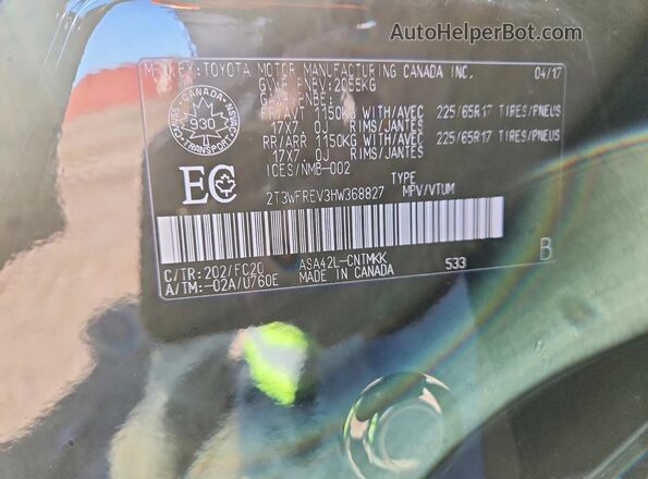 2T3WFREV3HW368827 2017 TOYOTA RAV4 Черный Вид наклейки с VIN-кодом