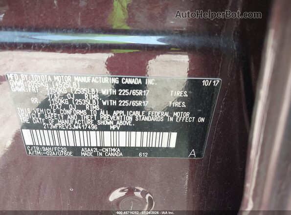 2T3WFREV3JW417496 2018 TOYOTA RAV4 Maroon Շարժիչի բաժամունքի տեսք