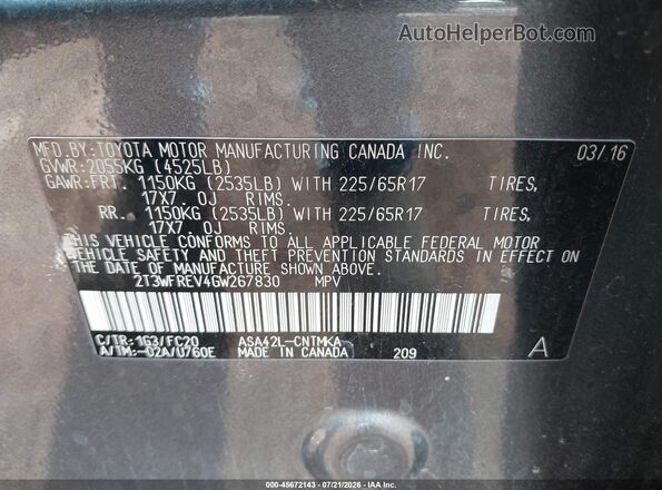 2T3WFREV4GW267830 2016 TOYOTA RAV4 Gray Vista del compartimento del motor