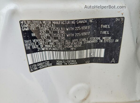 2T3WFREV4JW467761 2018 TOYOTA RAV4 White Widok wnętrza 360 stopni