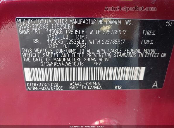 2T3WFREV4JW510916 2018 TOYOTA RAV4 Red Engine compartment view