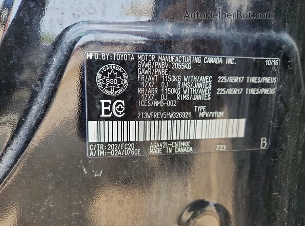 2T3WFREV5HW326921 2017 TOYOTA RAV4 Black Widok naklejki z numerem VIN