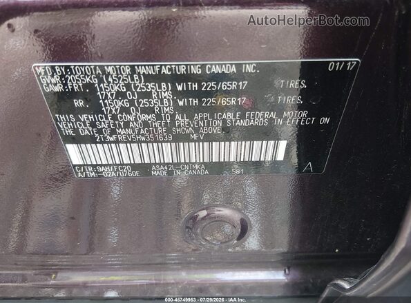 2T3WFREV5HW351639 2017 TOYOTA RAV4 Бордовый Вид подкапотного пространства