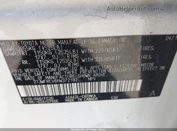 2T3WFREV6HW372192 2017 TOYOTA RAV4 White Շարժիչի բաժամունքի տեսք