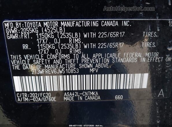 2T3WFREV6JW510853 2018 TOYOTA RAV4 Black Engine compartment view