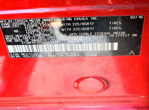 2T3WFREV7GW261648 2016 TOYOTA RAV4 Red VIN კოდის სტიკერის ხედი