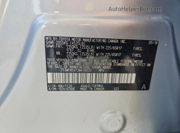 2T3WFREV7JW476020 2018 TOYOTA RAV4 Gray Widok naklejki z numerem VIN