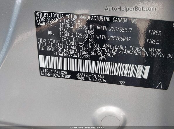 2T3WFREV7JW496123 2018 TOYOTA RAV4 Silver Вид підкапотного простору