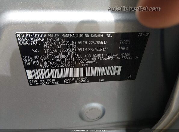 2T3WFREV8GW289426 2016 TOYOTA RAV4 Silver Շարժիչի բաժամունքի տեսք
