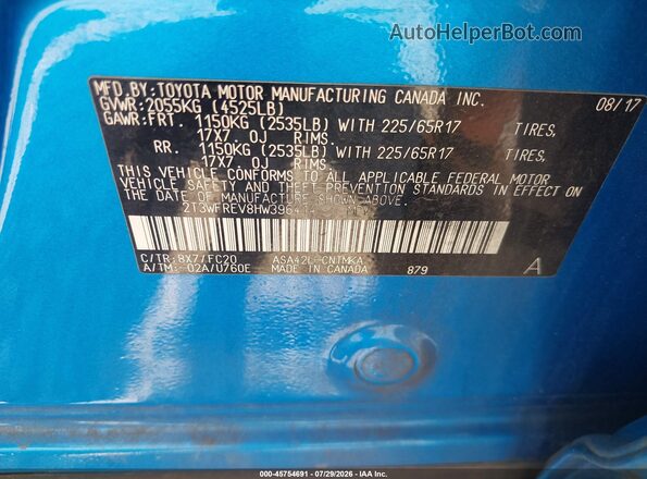 2T3WFREV8HW396414 2017 TOYOTA RAV4 Blue Vista del compartimento del motor