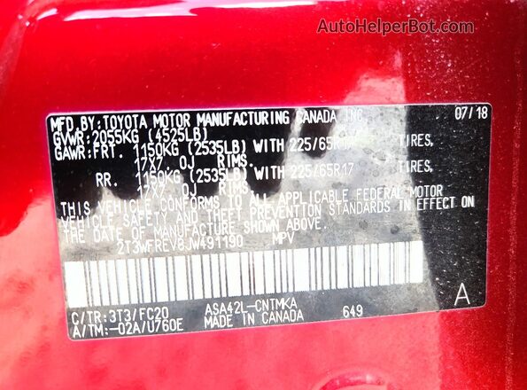 2T3WFREV8JW491190 2018 TOYOTA RAV4 Burgundy VIN sticker view