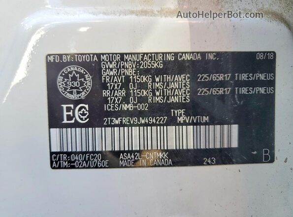 2T3WFREV9JW494227 2018 TOYOTA RAV4 White Vista del compartimento del motor