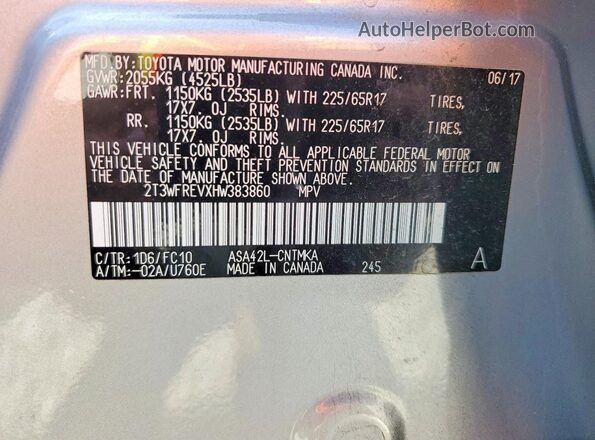 2T3WFREVXHW383860 2017 TOYOTA RAV4 Серебряный Вид наклейки с VIN-кодом
