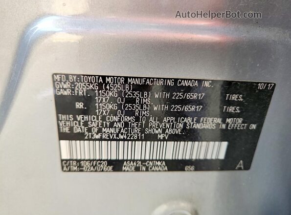 2T3WFREVXJW422811 2018 TOYOTA RAV4 Silver Vista interior de 360 grados
