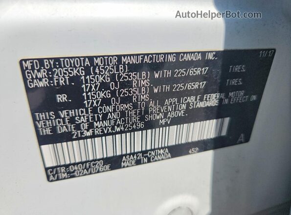 2T3WFREVXJW425496 2018 TOYOTA RAV4 White VIN კოდის სტიკერის ხედი