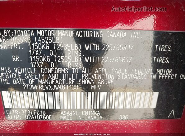 2T3WFREVXJW461138 2018 TOYOTA RAV4 Red Вид підкапотного простору
