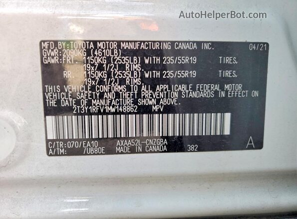 2T3Y1RFV1MW148862 2021 TOYOTA RAV4 White VIN კოდის სტიკერის ხედი