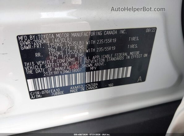2T3Y1RFV3NW218007 2022 TOYOTA RAV4 Белый Вид подкапотного пространства