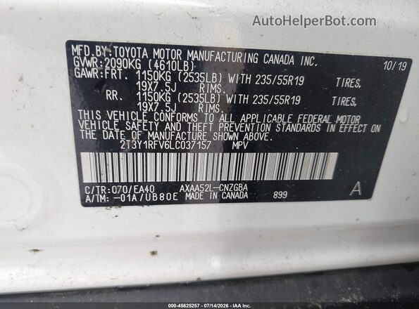 2T3Y1RFV6LC037157 2020 TOYOTA RAV4 White ძრავის განყოფილების ხედი