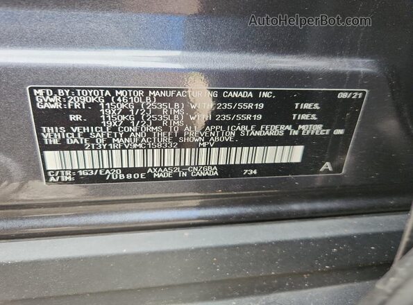 2T3Y1RFV9MC158332 2021 TOYOTA RAV4 Gray ძრავის განყოფილების ხედი