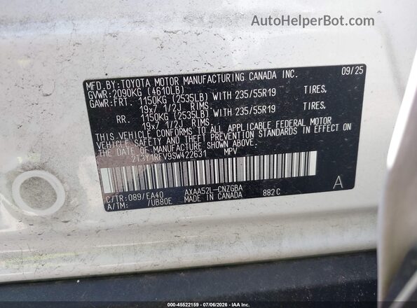 2T3Y1RFV9SW422631 2025 TOYOTA RAV4 White Vista del compartimento del motor