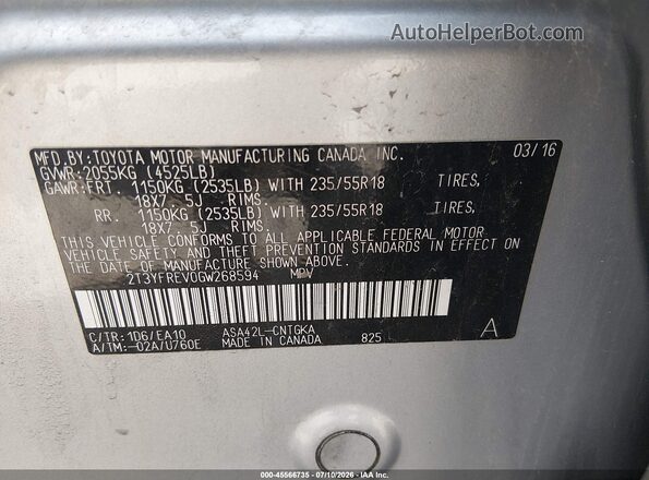 2T3YFREV0GW268594 2016 TOYOTA RAV4 Silver Вид підкапотного простору
