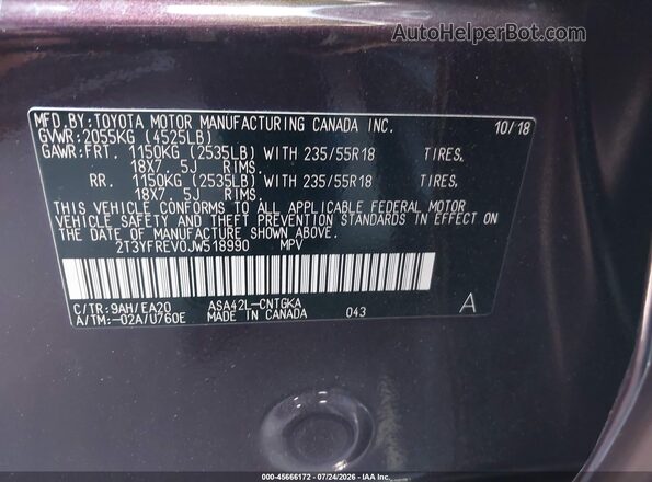 2T3YFREV0JW518990 2018 TOYOTA RAV4 Purple Widok komory silnika